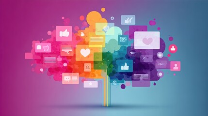 Colorful digital cloud of social media icons and abstract shapes against a gradient background