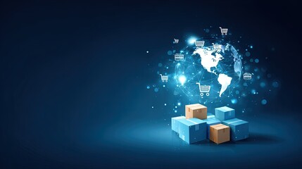 Global e commerce concept with digital globe shipping boxes and shopping cart icons on a dark blue background
