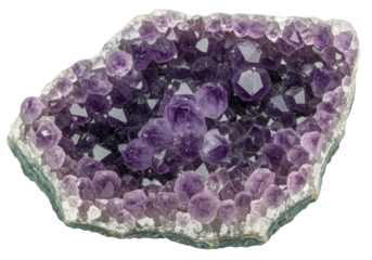 Amethyst geode isolated on transparent background, purple crystal cluster with natural mineral formation for geology and decorative use