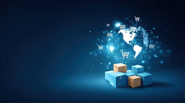 Global e commerce concept with digital globe shipping boxes and shopping cart icons on a dark blue background