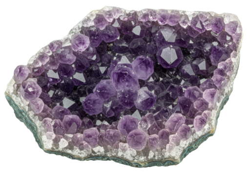 Amethyst geode isolated on transparent background, purple crystal cluster with natural mineral formation for geology and decorative use