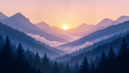 Obraz premium Stunning sunrise illuminates a tranquil mountain valley, perfect for travel inspiration, outdoor adventure, or peaceful background imagery for your next project