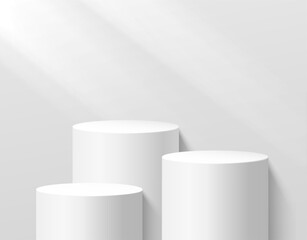 3d realistic vector illustration. White cylinder podiums for presentation, mockup for product display and showcase.