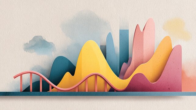 Abstract layered colorful peaks and valleys with watercolor clouds in the background representing data visualization