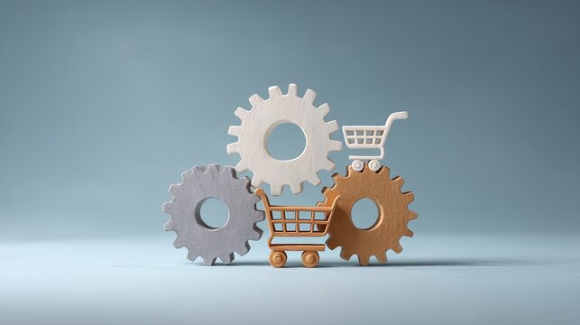 Three interconnected gears with two small shopping carts integrated symbolizing the mechanics of commerce and retail operations