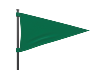 Green pennant flag isolated on transparent background, triangular banner on pole for golf course marker or sports event PNG