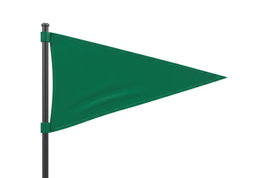 Green pennant flag isolated on transparent background, triangular banner on pole for golf course marker or sports event PNG