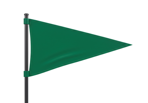 Green pennant flag isolated on transparent background, triangular banner on pole for golf course marker or sports event PNG