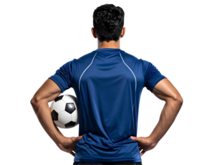 Male soccer player facing back with hands on hips holding ball, professional football athlete pose, isolated on transparent background, PNG