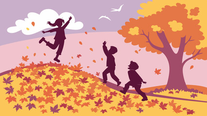 Happy Children Playing in Autumn Leaves Pile Joyful Kids Having Energetic Outdoor Fun for Fall Season Marketing