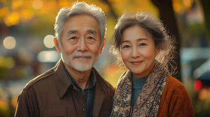 A beautiful 65-year-old Vietnamese couple stands side by side in a warmly lit park, radiating intentional grace and gentle smiles. Their quiet gestures reflect self-care and tenderness.