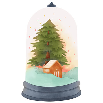 Snow Globe with House and Tree Merry Christmas Watercolor Clipart