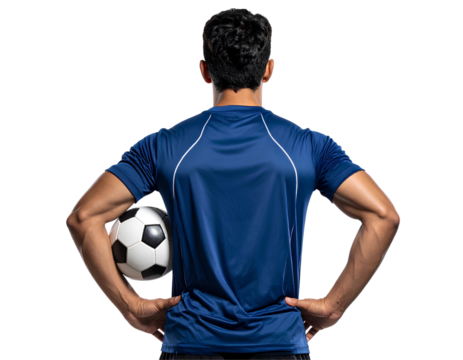 Male soccer player facing back with hands on hips holding ball, professional football athlete pose, isolated on transparent background, PNG