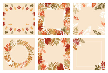 Set of minimalistic square social media autumn posts. Flat vintage colors, dry plant and fallen leaves on beige background. Wreath, frames, corners. Event invitation, discount voucher, advertising.