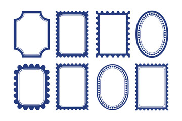 Collection of eight blank blue postage stamp frames with perforated edges and varied shapes