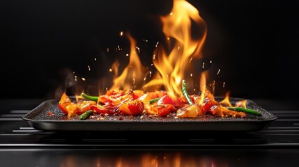 Stir-Fried Vegetables with Flames: Vibrant Food Photography of Peppers and Green Beans for Restaurant Menu