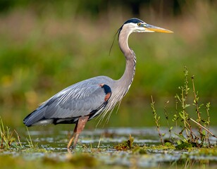 Fototapeta premium A majestic bird, displaying its full height as it stands poised in shallow water among lush greenery