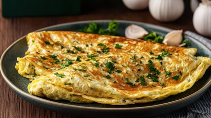 Herb Omelette with Garlic: Fluffy Egg Dish Sprinkled with Fresh Parsley on a Rustic Plate, Ideal for a Healthy Breakfast