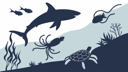 Obraz premium Diverse Underwater Marine Life Silhouettes Ocean Ecosystem Sea Animals Shark Fish Squid Turtle Coral Seaweed Nature Education Conservation Environment Design