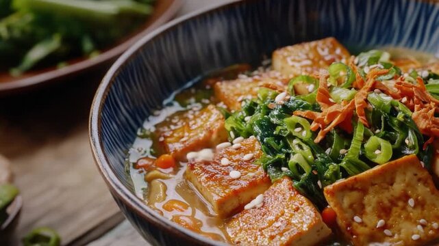 Healthy meal option with tofu and mixed vegetables, suitable for lifestyle magazines or blog posts about wellness and nutrition