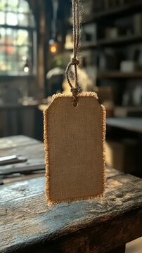 Blank Tag Hanging in Rustic Workshop.