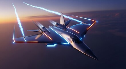 Futuristic Jet Fighter with Neon Lights Soaring Through the Sky at Sunset.