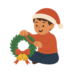 Flat Design Kid Decorating a Christmas Wreath