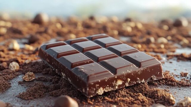 A piece of chocolate sitting on top of a pile of dirt, perfect for a creative composition or as a symbol of simplicity and indulgence