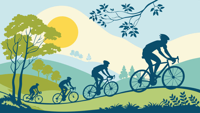 Cycling Progression Illustration with Silhouettes of Riders on Uphill Path Symbolizing Personal Growth and Business Development
