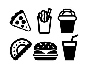 Fast food icons depicting pizza, burger, fries, and drinks