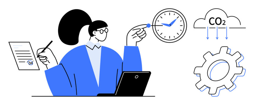 Professional woman with pen, paper, and laptop managing time on clock, monitoring CO2 reduction in cloud, optimizing process with gear. Ideal for sustainability, productivity, time management
