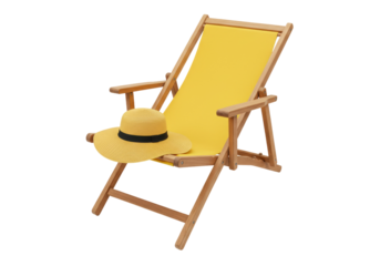Yellow beach chair with straw hat isolated, summer vacation equipment for relaxing and sunbathing on transparent background