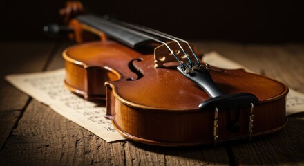 Obraz premium A closeup view of a brown violin resting on sheet music on a wooden surface