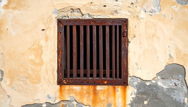 A rusty metal barred square set into a peeling ochre-toned wall. Weathered paint reveals texture and age. Focus is on the shadowed vent