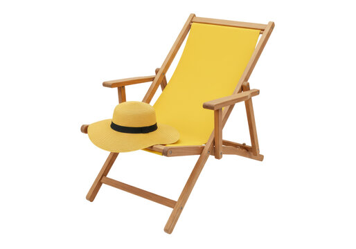 Yellow beach chair with straw hat isolated, summer vacation equipment for relaxing and sunbathing on transparent background - Powered by Adobe