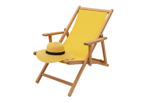 Yellow beach chair with straw hat isolated, summer vacation equipment for relaxing and sunbathing on transparent background