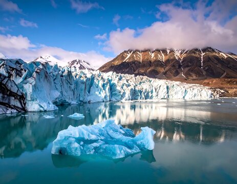 A scenic landscape showcases a massive blue glacier meeting a tranquil lake, overlooked by a snow-capped mountain under a cloudy sky