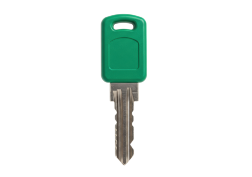 Green plastic head key isolated on transparent background, modern security access control for doors and locks