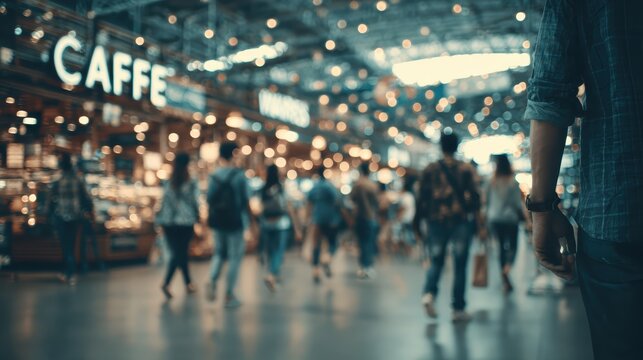 Busy indoor marketplace with vibrant lighting and diverse crowd enjoying shopping and socializing in a lively commercial space