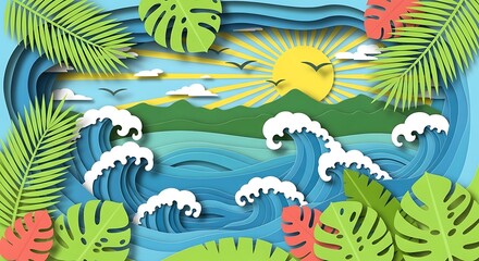 Abstract background with blue paper cut sea waves and topographic relief map effect creating depth and texture