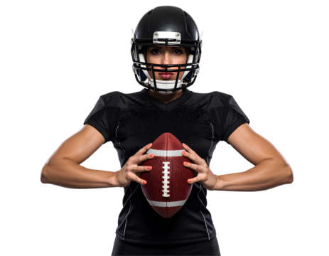 American football player in black uniform posing while gripping football with both hands, strong athlete portrait, isolated on transparent background, PNG