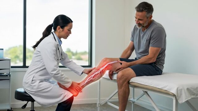 Woman doctor examines man patient leg with highlighted nerves and pain points for nerve damage concept, medical diagnosis animation