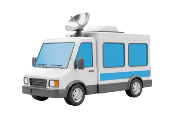 Cartoon news van PNG isolated on transparent background, media vehicle with satellite dish for broadcasting and reporting