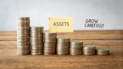 Assets Growth Strategy with Stacks of Coins on Wooden Table Background