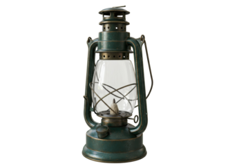 Green kerosene lantern isolated on transparent background, vintage oil lamp for camping and emergency lighting