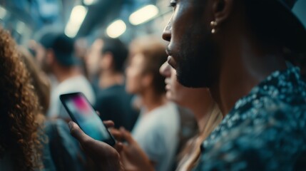 People using smartphones while commuting in a crowded subway train during evening hours