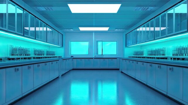 Modern laboratory interior with blue lighting and sleek cabinets, featuring rows of glass containers for experiments 4k video footage
