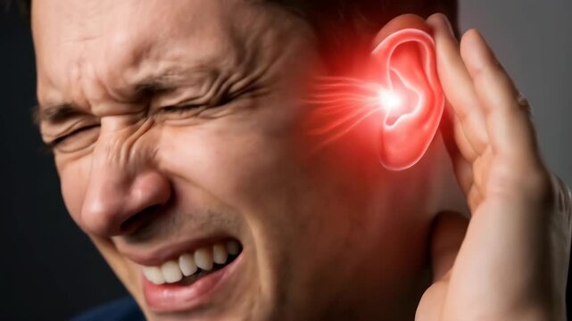 Man suffering an earache or tinnitus, touching his ear with bright red pain sensation in medical animation.