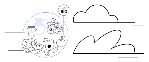 Fresh vegetables, fruits, and eco-labeled jar in clean layout. Ideal for health, sustainability, nutrition, organic produce, farming wellness eco-conscious living. Simple flat metaphor
