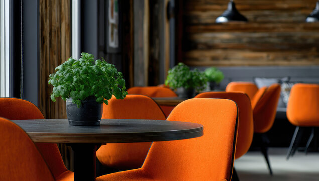 Cozy cafe interior with orange chairs and wooden accents
